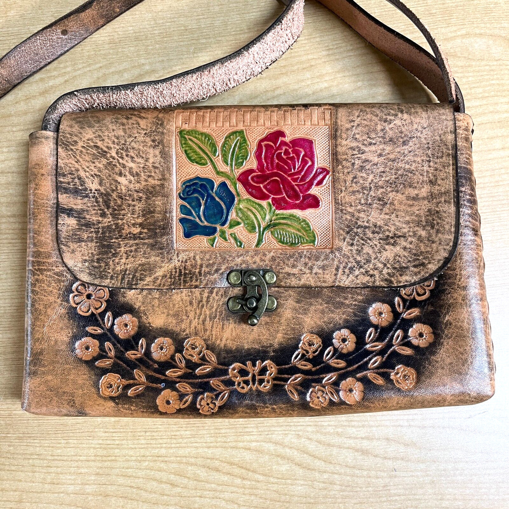 Vintage Mexican Tooled Bag Purse Rose